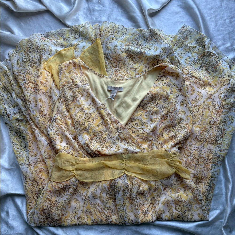 Yellow Paisley Party Dress with Sequins + Waist Tie
